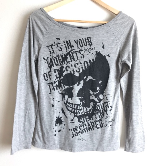 Tops - Skull Boat Neck Long Sleeve T Shirt